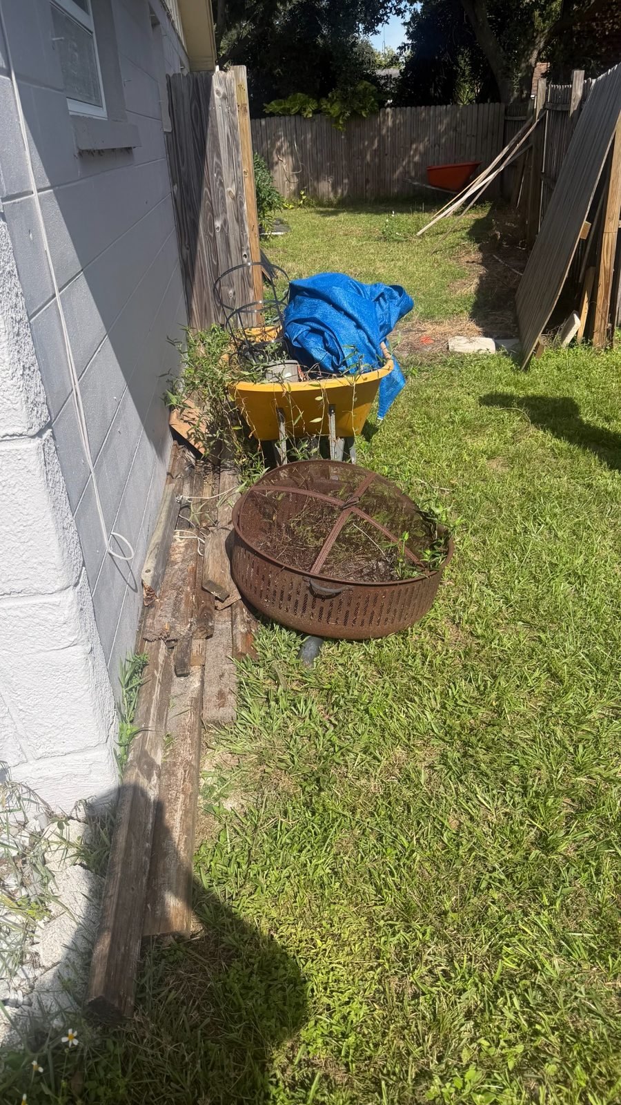 Before a tight residential side-yard cleanout with clutter and hauling access in Dunedin, FL 34698