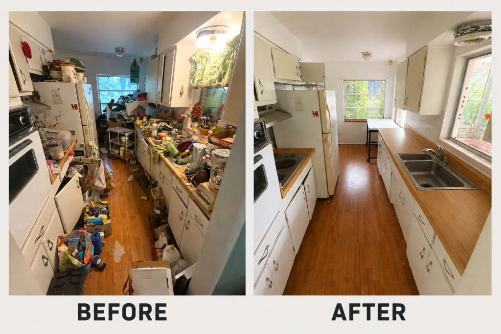 Before and after hoarder house cleanout completed by No More Junk in Clearwater, FL, showing a cluttered kitchen transformed into a clean, empty space.