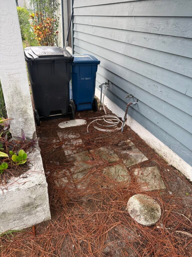 Cleared area beside bins and house siding after a Trinity residential cleanup