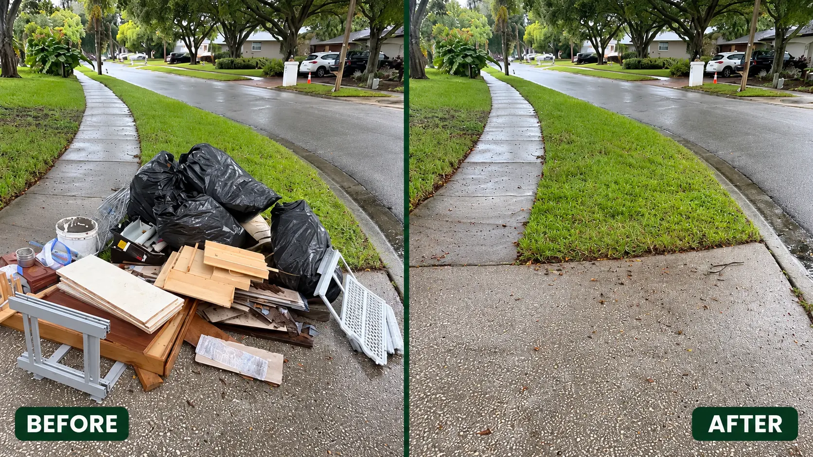 Side-by-side before and after views of a curbside junk pickup in Palm Harbor, FL